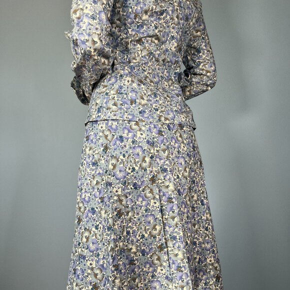 Vintage 70s Skirt Suit, 1970s Blue Tan Floral Button Up Skirt Blouse Set - Picture 7 of 8